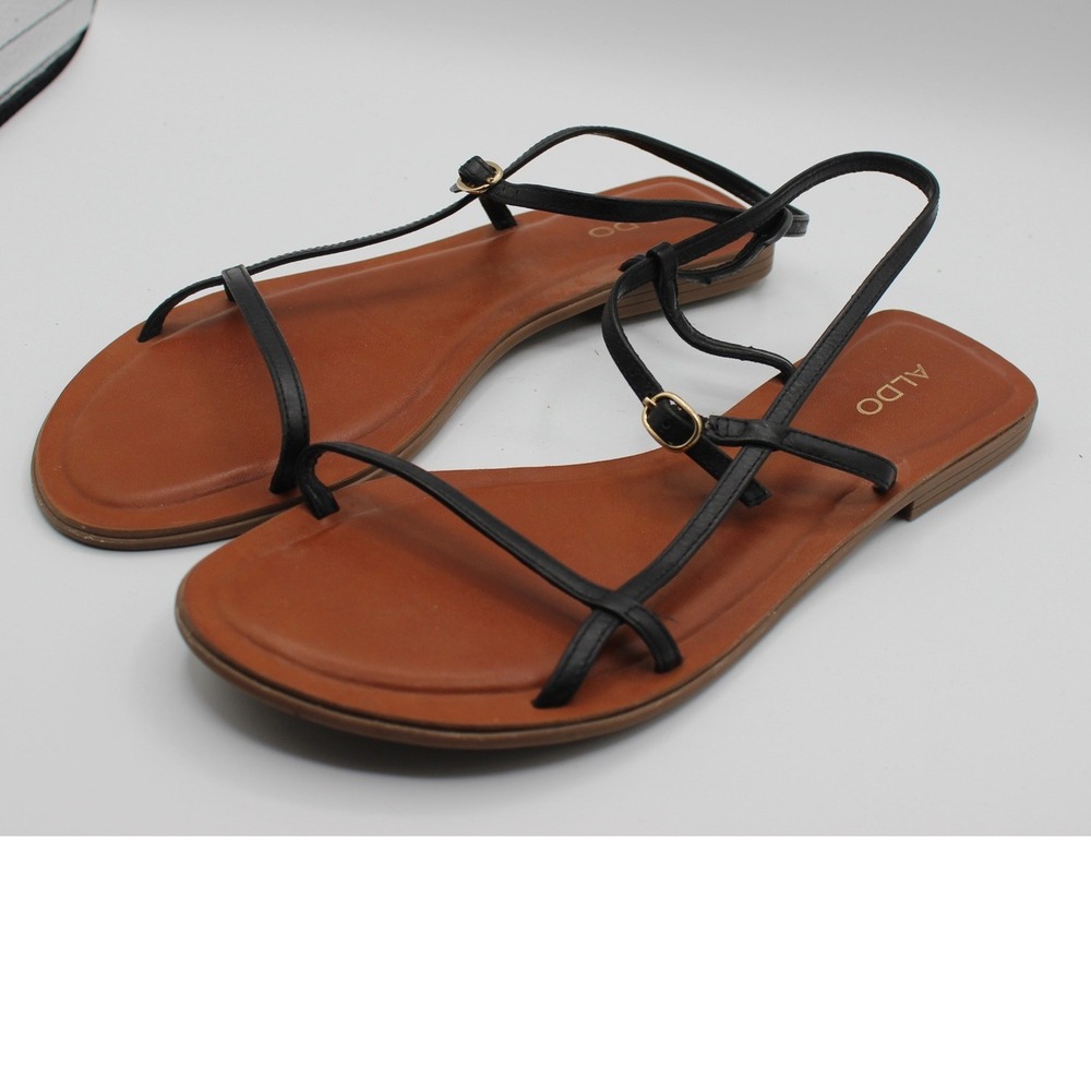 Aldo Womens Black Strappy Minimalist Flat Sandals Size 8.5 Ankle Strap‎ Brazil